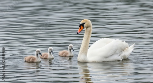Plakat White Swan with Cygnets on River