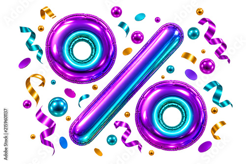 3D iridescent percent sign with colorful confetti on white background for sale and promotion marketing banne