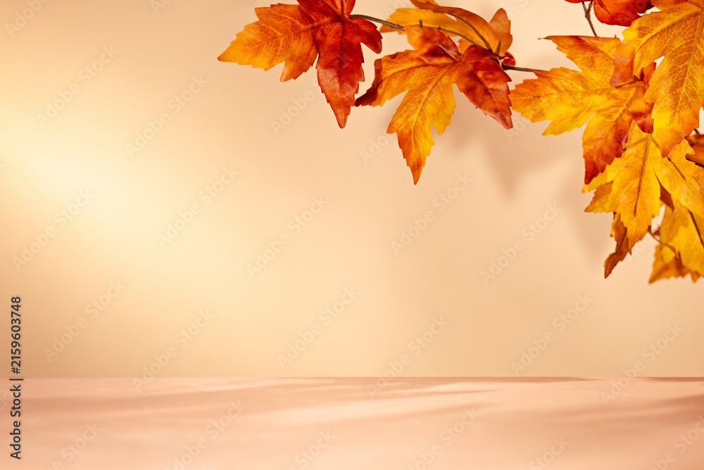 Fototapeta premium Empty wooden surface with orange autumn leaves overhead for minimal seasonal product mockup background