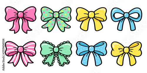 Set of Colorful Decorative Ribbon Bows in Cute Kawaii Style Hand Drawn Illustration Elements