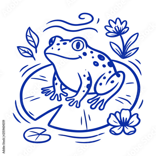 Minimalist blue outline illustration of a frog resting on a water lily leaf