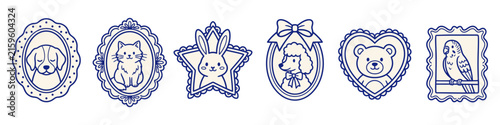 Collection of Decorative Frames Featuring Adorable Animal Portraits in Line Art Style