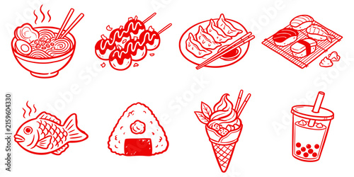 Minimalist red line drawing collection of traditional Japanese snacks and cuisine