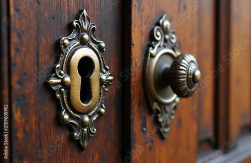 Old brown wooden door with vintage brass keyhole, ornate metal door knob. Detailed antique entrance handle design on rustic timber surface. Close up view of classic house lock hardware, decorative
