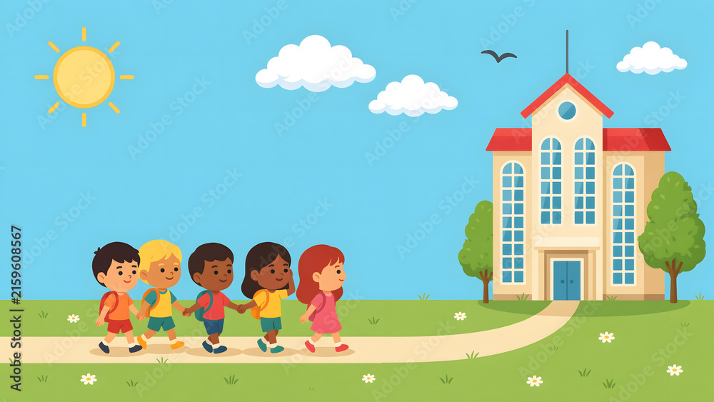 Naklejka premium Children walking to school on a sunny day