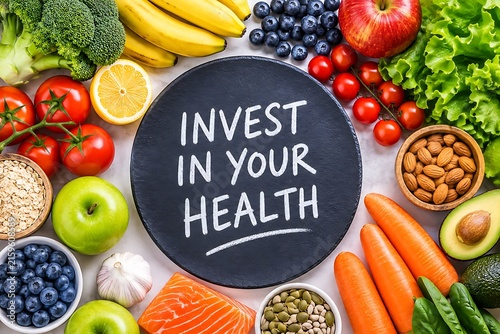 Healthy eating concepts with fresh fruits vegetables berries seafood grains nuts on a white background with a black board message.