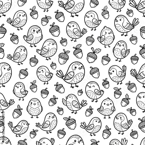 Cute Bird and Acorn Seamless Pattern, Hand-Drawn Kawaii Style