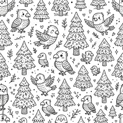 Cute Bird and Christmas Tree Seamless Pattern, Black and White Doodle Art