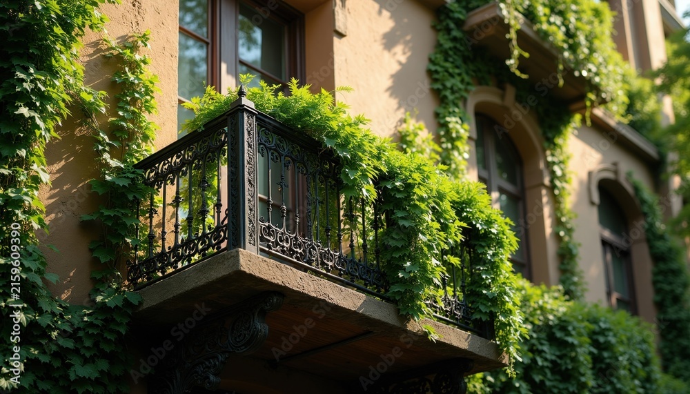 Fototapeta premium Exterior view of an old building facade with a balcony covered in green ivy vines. Sunlight illuminates the natural greenery and decorative metal railing.