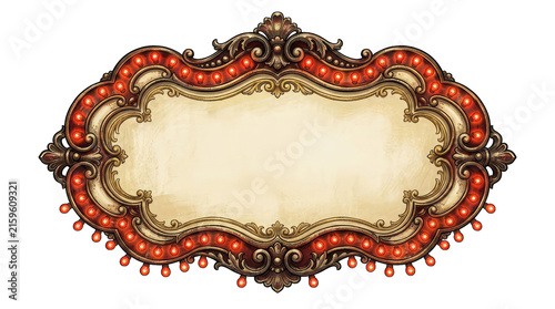 Ornate vintage frame with red beads and gold flourishes on a black background