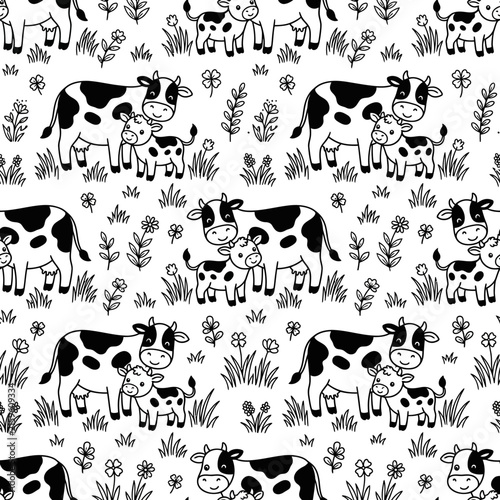 Cute Cow Family Seamless Pattern: Mother and Calf in a Meadow, Hand-drawn Sketch