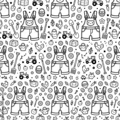 Cute Farm Animals and Tools Seamless Pattern - Doodle Style