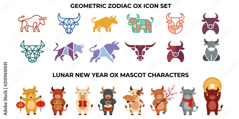 Fototapeta premium Geometric Zodiac Ox Icons and Lunar New Year Mascot Character Illustration Set