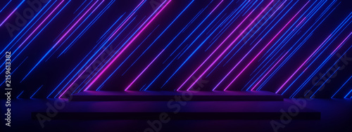 Abstract 3D futuristic background with glowing neon blue and purple lines reflecting on dark glossy surface