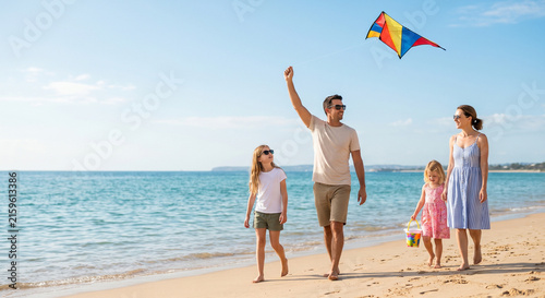 Family flying kite and walking on beach during summer holiday.