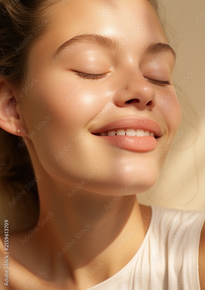 Obraz premium Fashion model face closed eyes with happy colours adult skin relaxation.