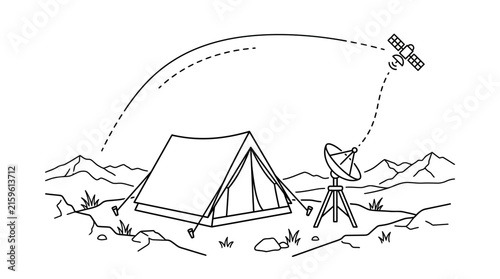 Camping tent under clear sky receiving satellite signal in remote wilderness area