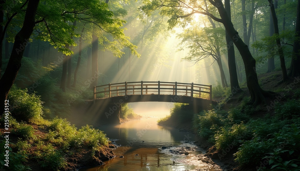 Naklejka premium Wooden footbridge crosses small stream in rich green forest during early morning hours. Golden sunlight filters through dense tree canopy creating bright rays, atmospheric mist over calm water.