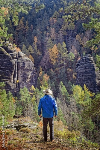 Foto A lonely man stands in front of an autumn forested valley with sandstone rocks