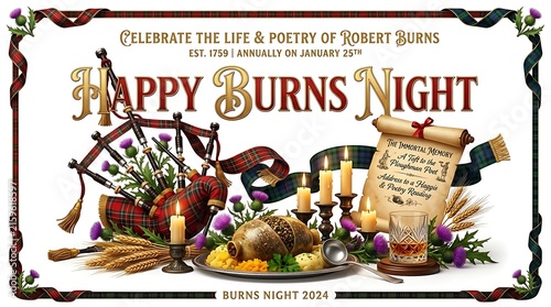 Happy Burns Night celebration poster with bagpipes, haggis, whisky and poetry scroll.