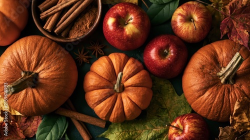 Autumn harvest arrangement with pumpkins apples cinnamon sticks and colorful leaves during golden hour light