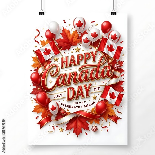 Happy Canada Day poster with maple leaves and red balloons for national holiday celebration
