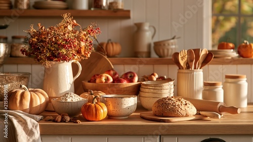Autumn harvest bounty arranged on a rustic kitchen counter with warm golden hour light
