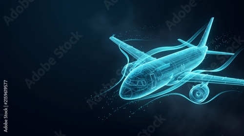 Commercial airplane flying hologram digital wireframe illustration with airplane aircraft aviation transport airlines aerospace hologram wireframe futuristic