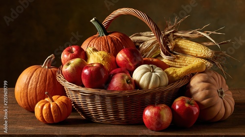 Autumn harvest bounty in woven basket with pumpkins apples and corn during warm sidelight with rustic concept