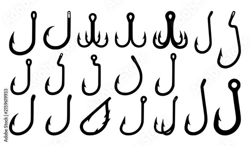 Foto Fishing Hook Silhouettes Circle Treble J Hook Jig Bait and Angling Tackle Vector