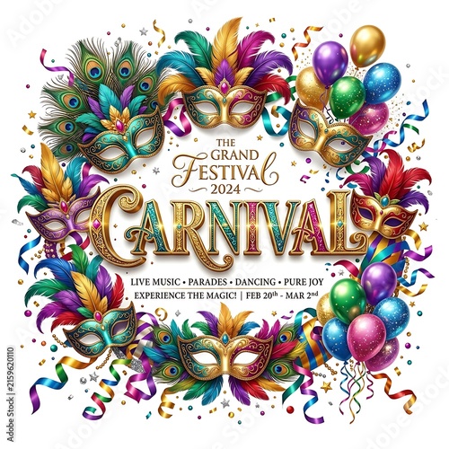 Carnival Festival Poster with Venetian Masks and Colorful Balloons on White Background