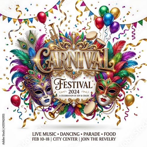 Carnival festival poster with ornate masks, colorful feathers, and festive confetti design