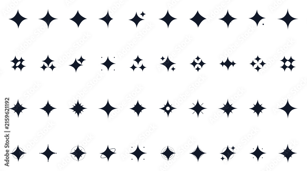 Fototapeta premium Set of various sparkling star icons and glitter symbols isolated on transparent background