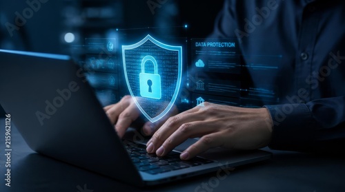 Cybersecurity and data protection concept with person using laptop