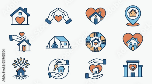 Bild auf Leinwand Flat vector icon set for housing charity, homelessness support, and community care featuring houses, hearts, protective hands, shelter tents, family icons, keys, and medical clinic symbols