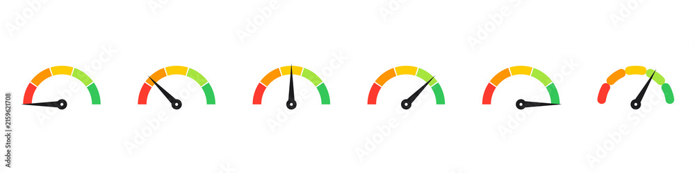 © NURJAHAN - Collection of speedometer gauges with colorcoded segments, progress indicators for performance measurement, flat vector icons isolated on transparent background