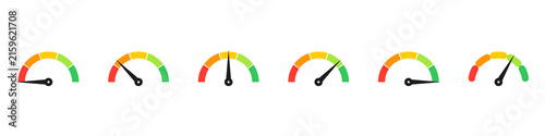 фотографія Collection of speedometer gauges with colorcoded segments, progress indicators f
