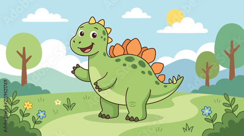 Foto Cute green cartoon dinosaur waving happily in sunny meadow with flowers and tree