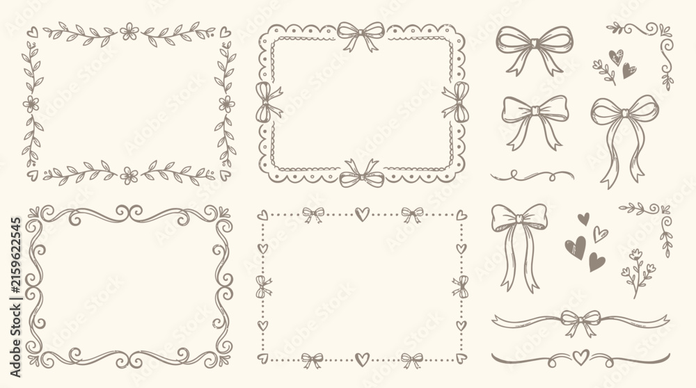 Fototapeta premium Hand Drawn Coquette Vintage Frames and Ribbon Bow Set