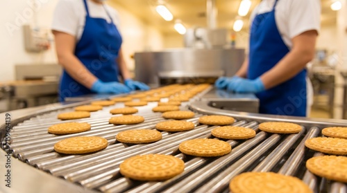 Cookies on a production line in a food factory.