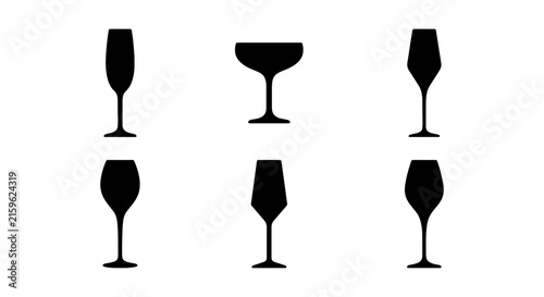 Bild auf Leinwand Set of Six Black Silhouette Drinkware Icons, Elegant Barware Glasses Collection