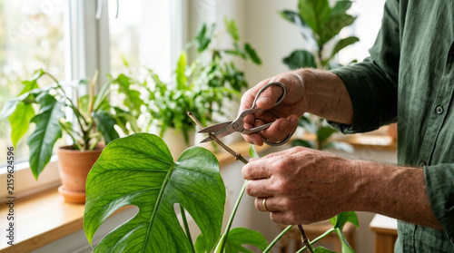 Gardener Pruning Monstera Plant Leaves with Scissors Indoors