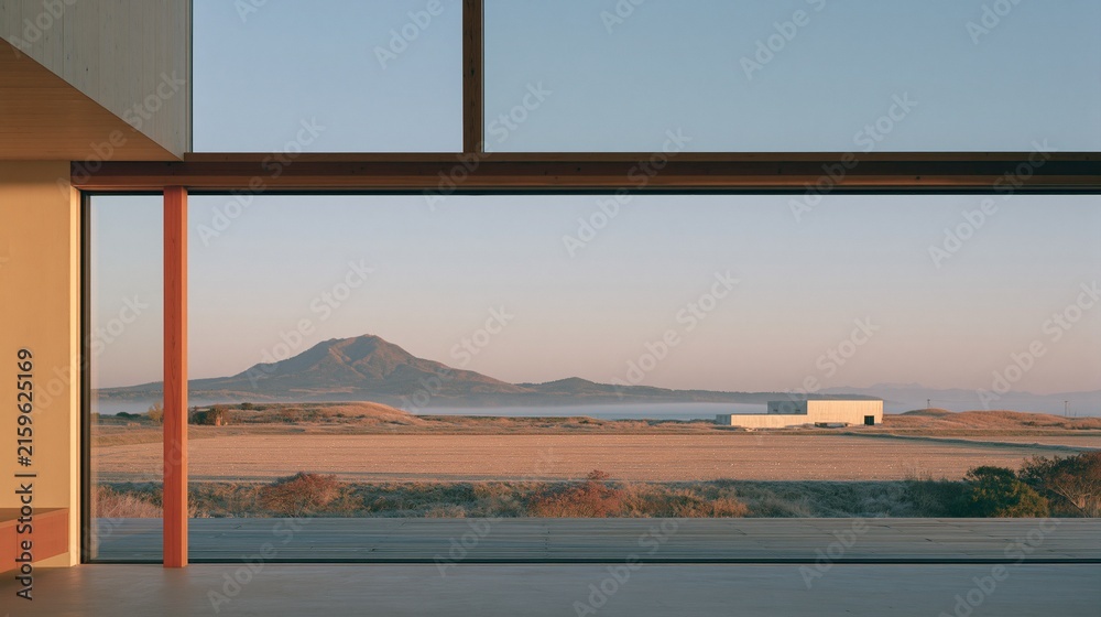 Fototapeta premium View from modern minimalist wooden house through large glass window looking out to golden dry field distant mountain and simple building under soft warm sunset light