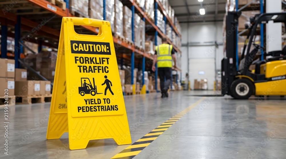 Naklejka premium Yellow caution sign for forklift traffic in busy warehouse storage facility.