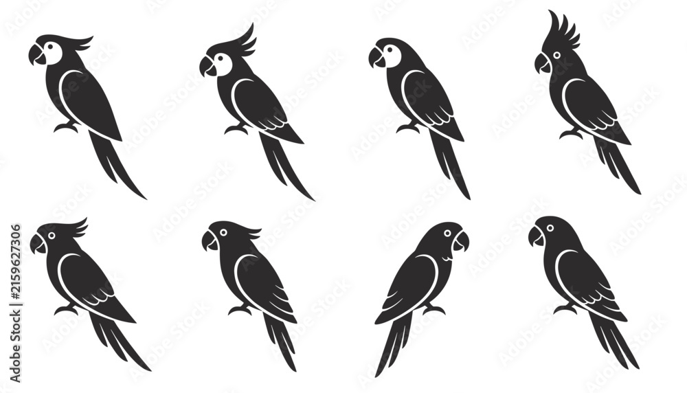 Fototapeta premium Set of eight black parrot and cockatoo bird silhouettes in various poses isolated on white background.