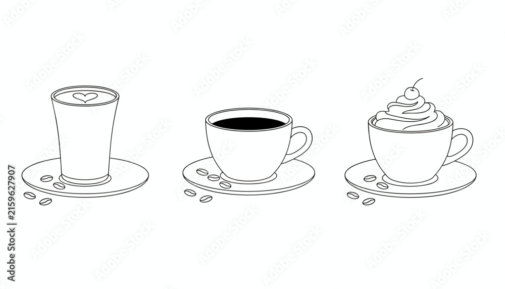 Fototapeta premium Line art illustration of three coffee cup options including a tall glass, espresso, and coffee with cream.