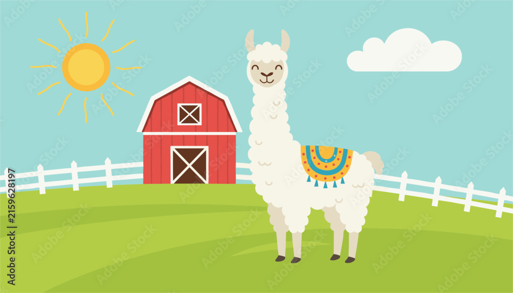 Naklejka premium Cute white llama wearing a colorful blanket standing in a green field with a red barn and bright sun in the background.
