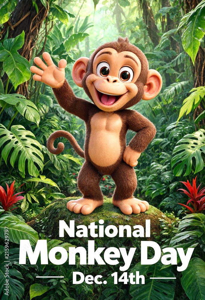 Naklejka premium Cute cartoon monkey waving happily in a lush green jungle for national monkey day celebration