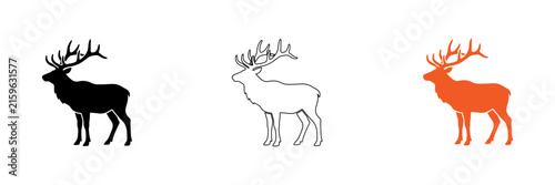Three stylized deer with different colored coats