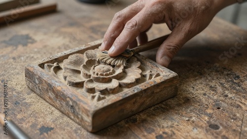 A skilled artisan gently brushes dust from an intricately carved wooden floral panel during a wood restoration craft session.